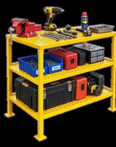 Mesa de trabajo en uso con herramientas y cajas