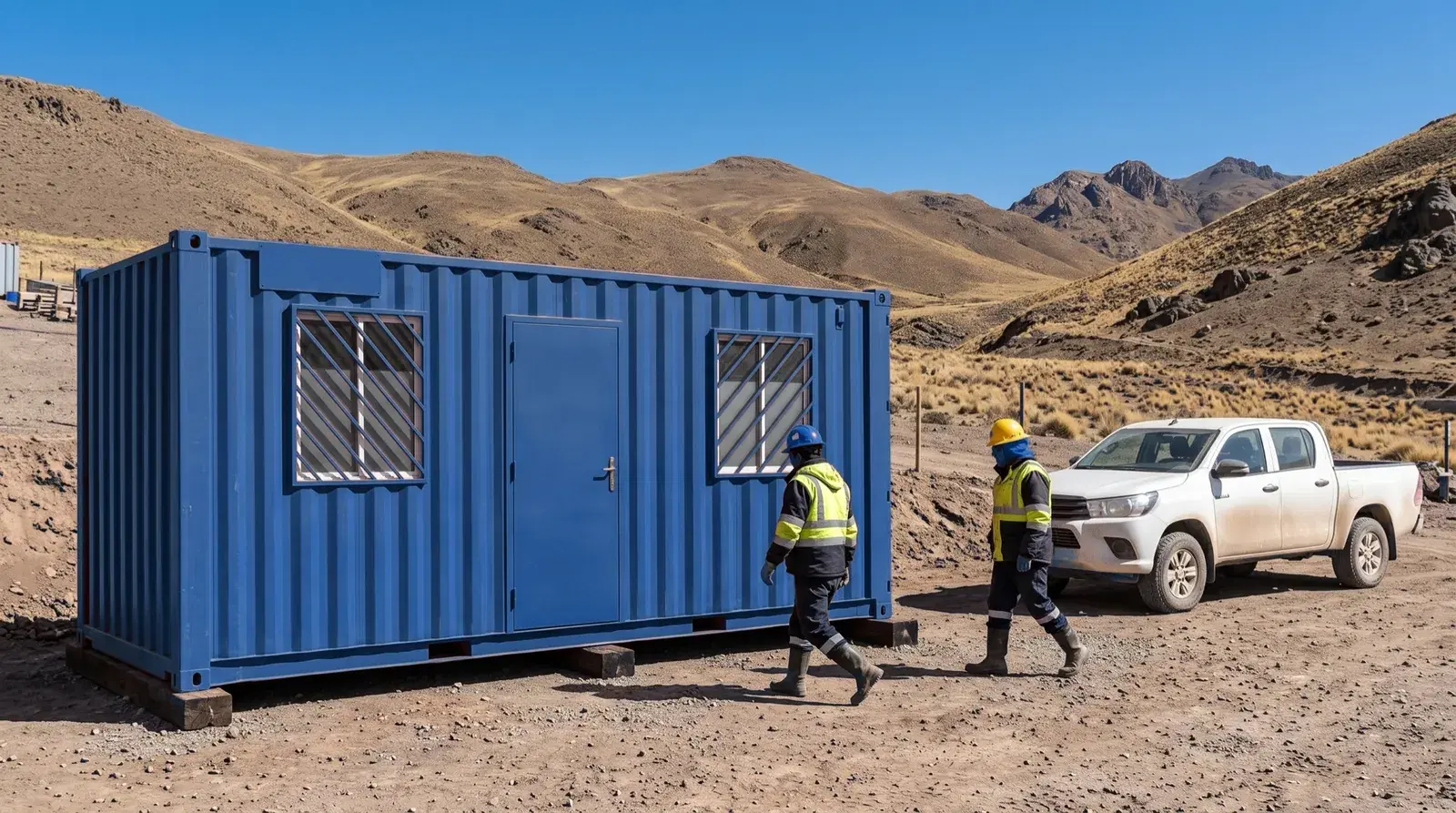 Container de 20 pies en un campamento minero, con personal con EPP