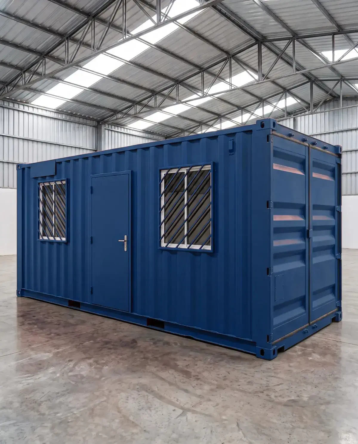 Contenedor de 20 pies acondicionado, con puerta y dos ventanas con reja, dentro de una nave