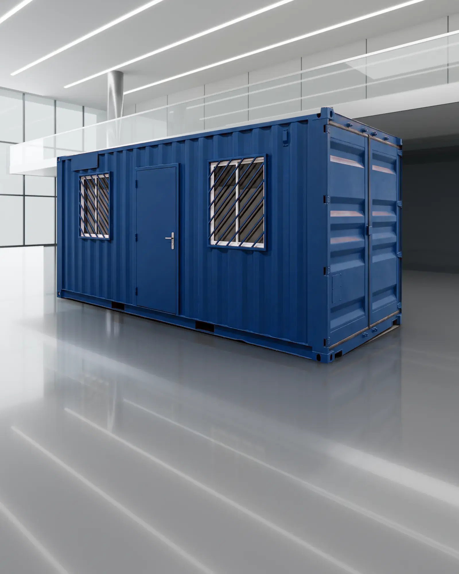 Container de 20 pies azul en un salón de exhibición